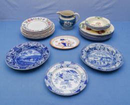 Three Adamas blue and white plates and others