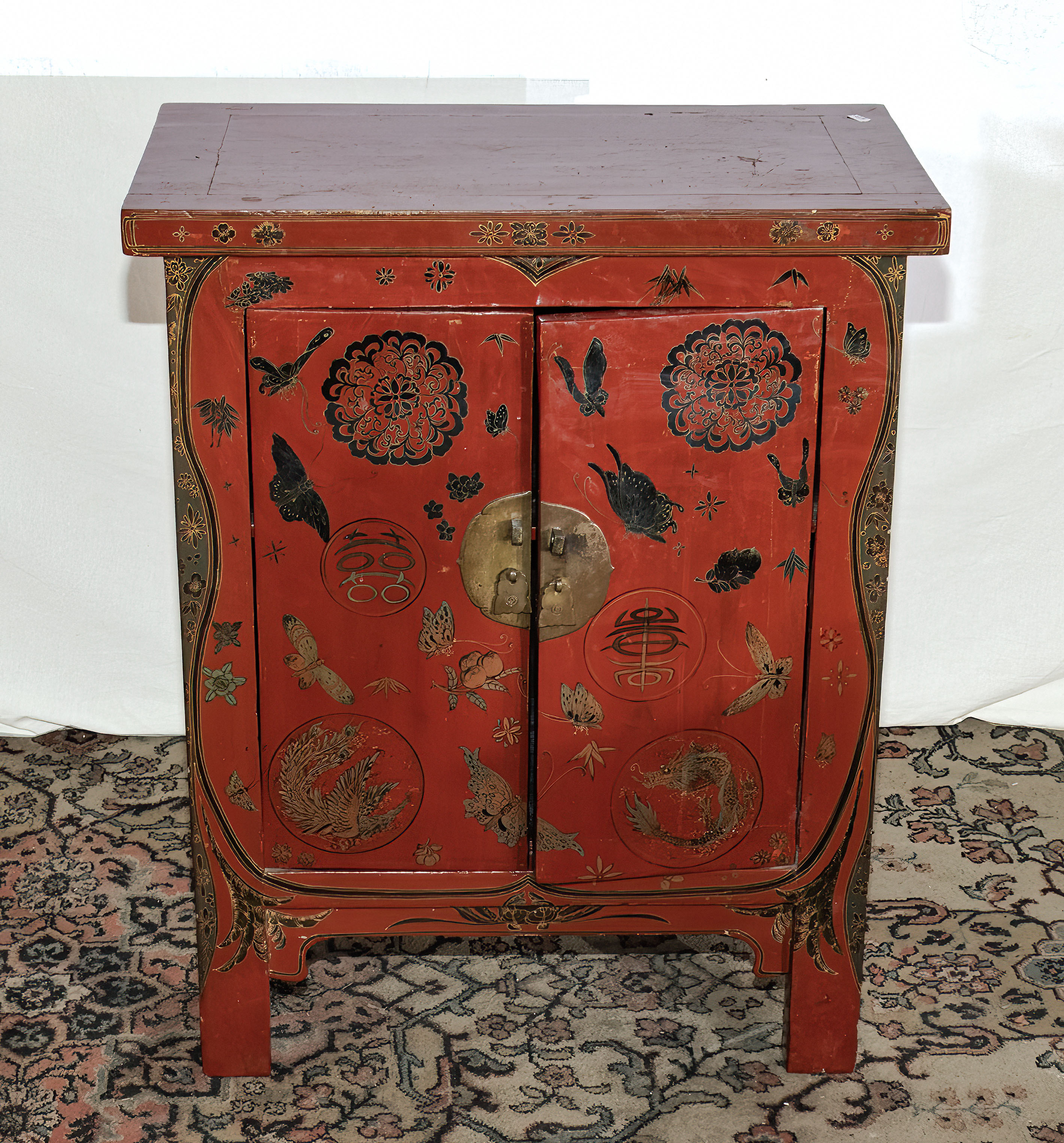 Chinese red lacquer marriage chest 1930's hand painted, 62cm wide x 78cm tall x 36cm deep