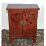 Chinese red lacquer marriage chest 1930's hand painted, 62cm wide x 78cm tall x 36cm deep