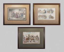 Three framed engravings titled Blindmans Buff, Vices and Old Maid on a Journey all by H Humphrey
