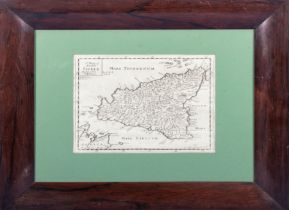 A Rosewood framed map of Sicily, titled A Map of Ancient Sicele mentioned in Polybious 1692, frame