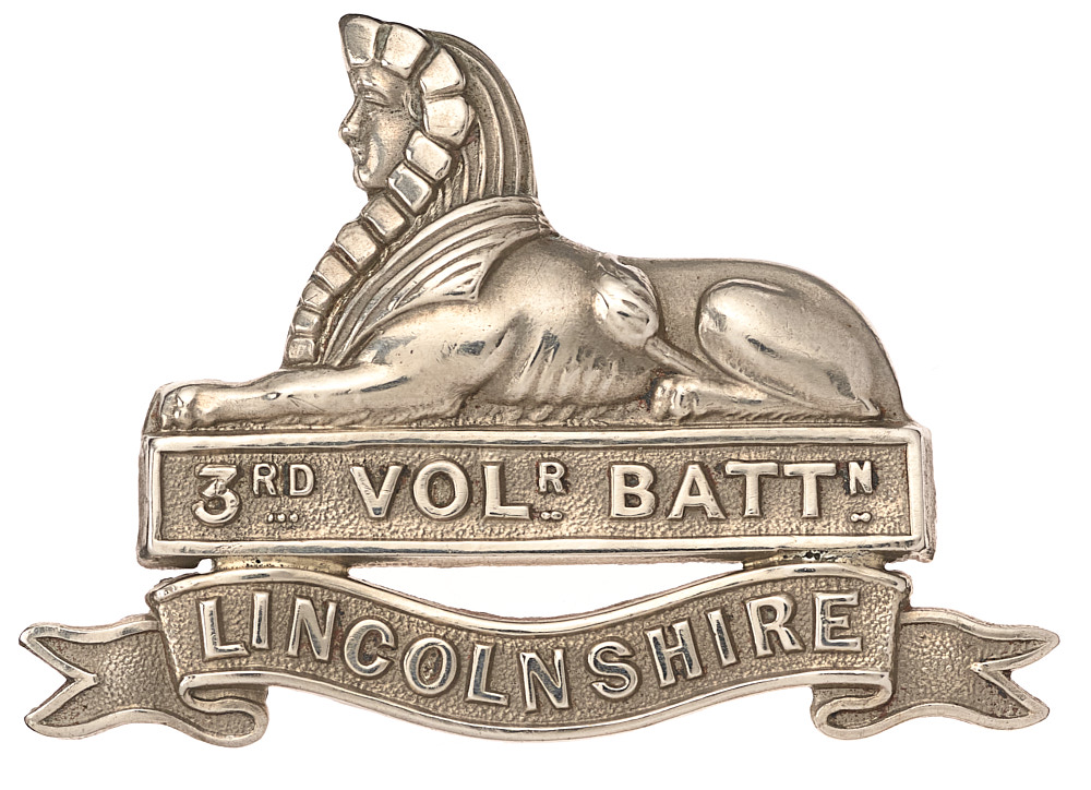 3rd (Grimsby) VB Lincolnshire Regiment cap badge c. 1896-1905. Good scarce die-stamped white metal