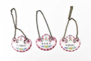 Three Bilston enamel decanter labels, Claret, Port and Whisky