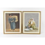 Two Persian paintings, early 20th century, one depicting a woman pounding with a mortar and