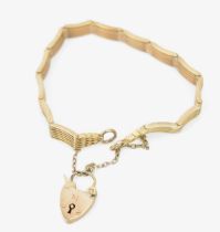 A 9ct rose gold gate link bracelet with padlock clasp and safety chain, 16.8g