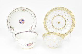 Two Caughley tea bowls and saucers, circa 1780-90, one painted with Target pattern in polychrome