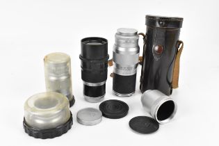 Four Leitz Wetzlar lenses for Leica cameras, to include a Telyt f/4.5 20cm Lens black, 1956,
