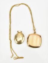 Two 9ct yellow gold lockets, one of oval form, the other square with hair lock to interior, both