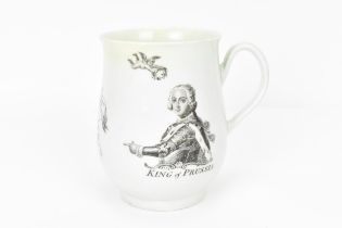 A Worcester bell-shaped King of Prussia mug, c.1757, printed in black with a head and shoulders