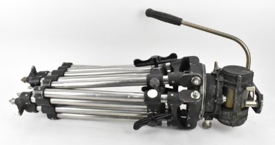 Vintage metal Ronford-Baker camera tripod legs in Moy fitting with an O'Connor fluid tripod head,