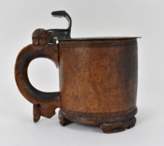 An 18th century Scandinavian burr birch peg tankard, probably Norwegian, with flat pewter lid and