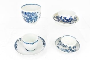 Two late 18th century Worcester blue and white tea bowls and saucers, one in the birds in branches