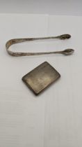 A machine turned vesta case, together with a pair of engraved sugar tongs, total weight 57.4g
