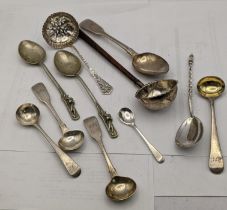Silver flatware to include four mustard spoons, a sifter spoons and another 82g two spoons stamped