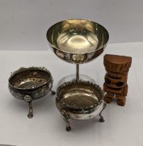 Two Georgian silver salts together with a silver mosaic goblet total weight 178.6g Location:
