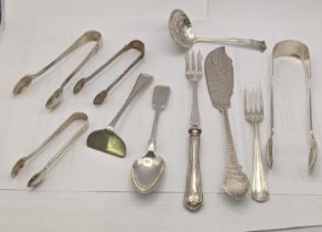 Silver o include four sugar tongs, a sifter spoon, fork, spoon a pusher and a silver handled