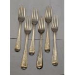 Six silver dinner forks hallmarked London 1814, including other London hallmark dates total weight