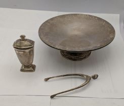 A sterling silver pedestal dish along with a silver pepper pot and sugar tongs Location: