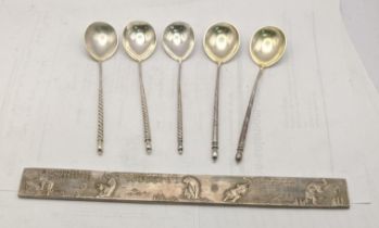 Five Russian white metal spoons 93g together with a white metal Chinese Tibet hand carved tiger town