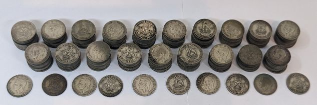 British coins - a quantity of 200 pre-1947 mixed George V and George VI shillings, various dates