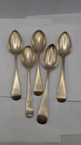 Five silver spoons total weight 202.4g Location: