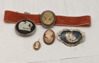 Cameo brooches, a Thai silver brooch and a 9ct gold Cameo pendant and a Wedgwood brooch Location: