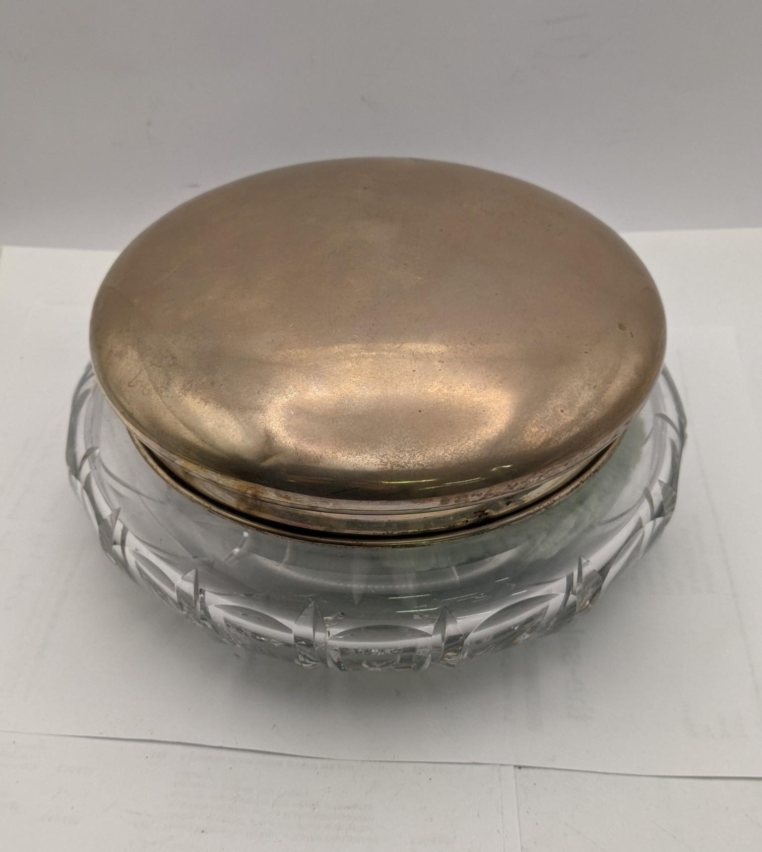A crystal cut glass with white metal lid 144.4g, dressing table powder bowl Location;
