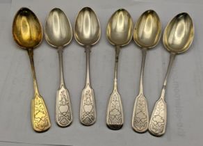 Six white metal continental fiddle pattern spoons total weight 169.3g Location: