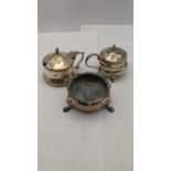 Three silver condiments to include two mustard pot and a salt, total weight 149.6g Location: