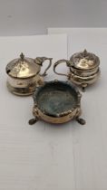 Three silver condiments to include two mustard pot and a salt, total weight 149.6g Location: