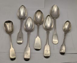 Five silver 19th century fiddle pattern dessert spoons, a sugar spoon and an Exeter teaspoon,