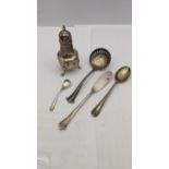 Mixed silver to include a pepper pot, tea spoon, fish knife and others total weight 103.1g Location: