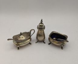 Three silver condiment to include a pepper pot and others, total weight 99.1g, excluding glass