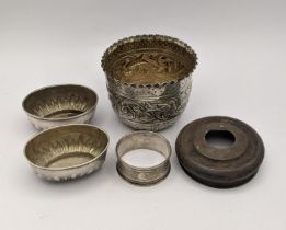 Mixed silver to include a pair of salts embossed pot and other items 131.9g Location: