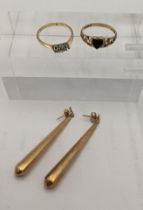 A 9ct gold ring set with a heart shaped stone, a pair of pendant earrings 2.75g and an 18ct gold and