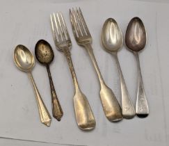 A pair of silver forks hallmarked London 1846 together with for silver teaspoons total weight 136.3g