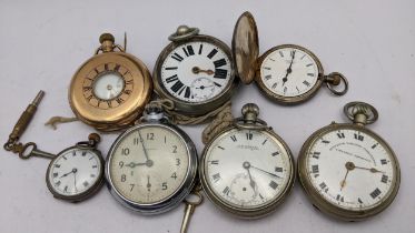 Silver, white metal, gold plated and nickel plated pocket watches to include a hunter stamped silver