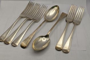Two silver table spoons 140g along with five silver plated forks Location: