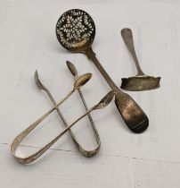 Mixed silver to include two pairs of sugar thongs, a silver pusher and a sugar sifter spoon, total