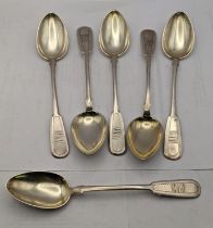 Six white metal continental fiddle pattern spoons, total weight 190g Location: