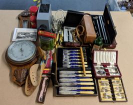 A mixed lot to include; silver plated items, a aneroid barometer, a pair of wooden shoe stretchers