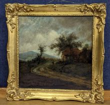 A 19th century oil on board depicting figures by a cottage, 25cm x 25cm, framed, indistinctly signed
