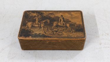 A 19th century Mauchline ware box depicting a hunting scene entitled 'Going into Cover' A/F