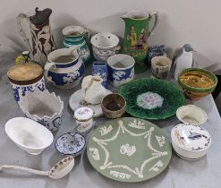 A mixed lot to include a Majolica begonia plate, dale Hall pottery jug and other items Location: