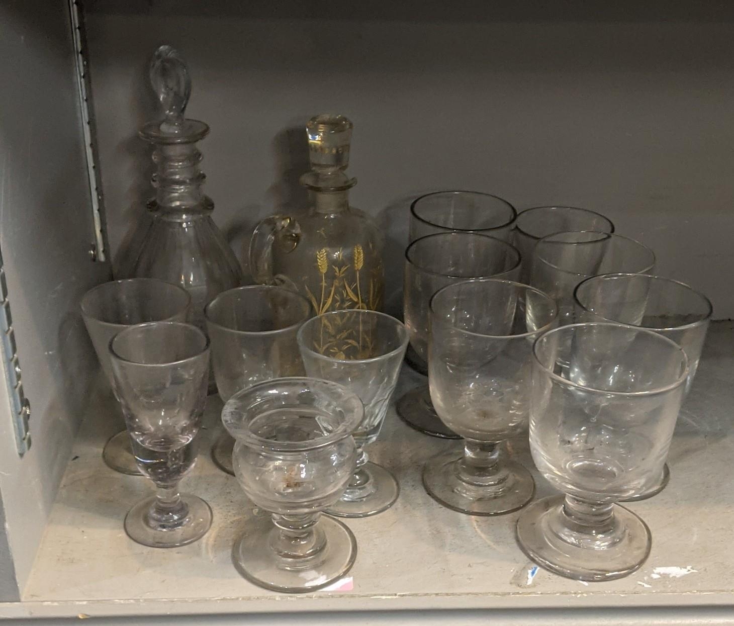 Glassware to include two decanters including a Georgian example together with 19th century and later