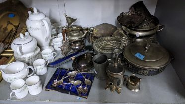 A collection of silver plated items to include a tureen, Japanese antimony box together with a