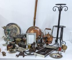 A mixed lot to include mixed metal wear to include a pewter picture frame, a copper kettle, silver