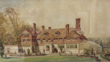 An unsigned watercolour depicting a country house with figures to the foreground, 63cm x 35.5cm,