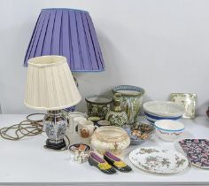 Two 20th century table lamps together with pottery vases and mixed ceramics to include a Crown