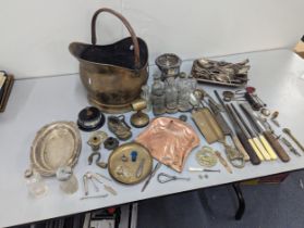 Mixed metalware to include a coal bucket, silver and silver plated items to include cutlery,